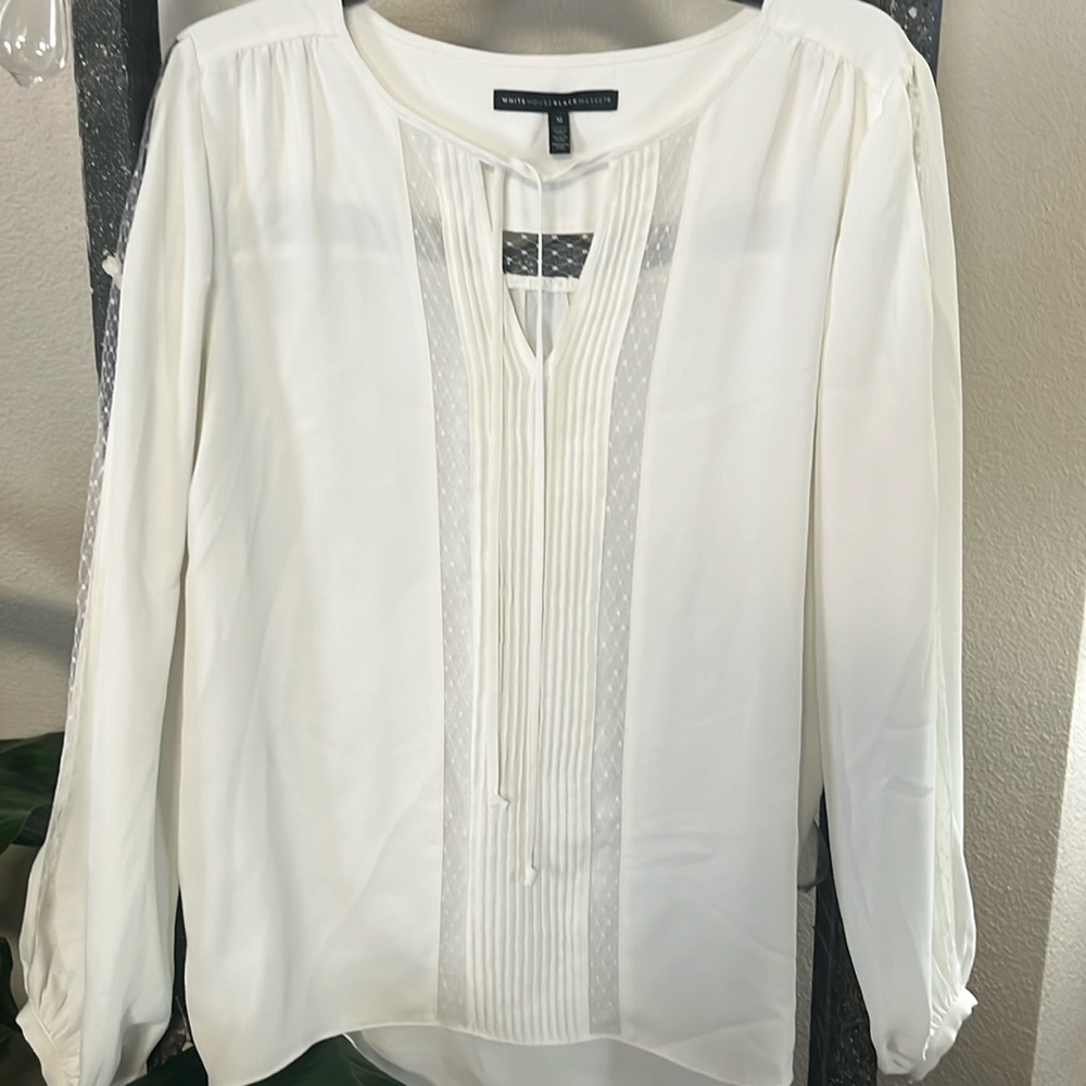 White House Black Market silky top. See through down sleeves/top on back